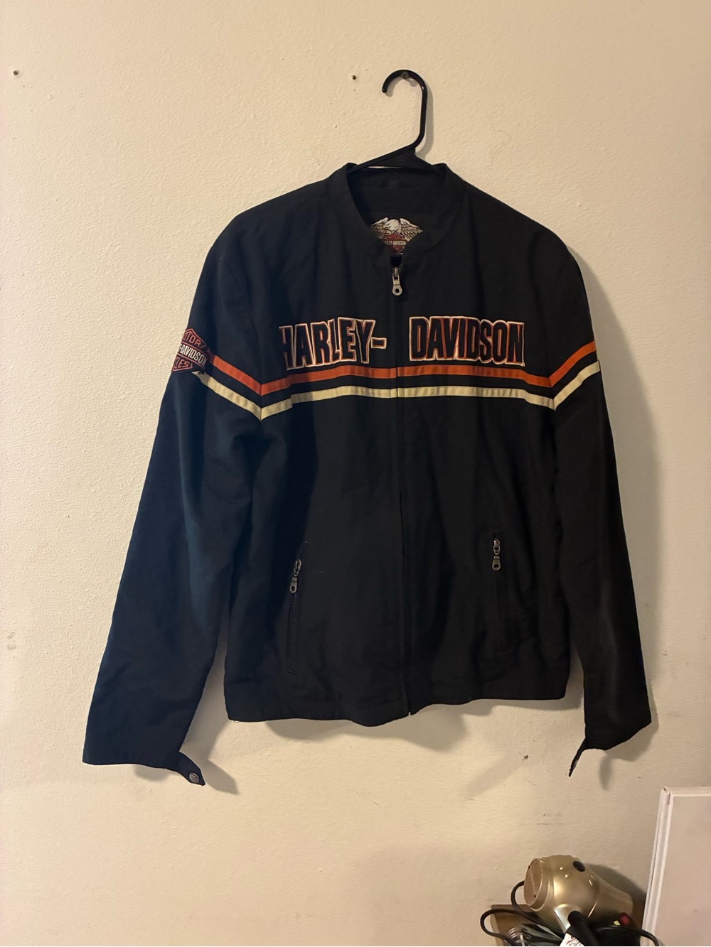 Harley-Davidson Men's Black Bomber Jacket with Orange Stripes M